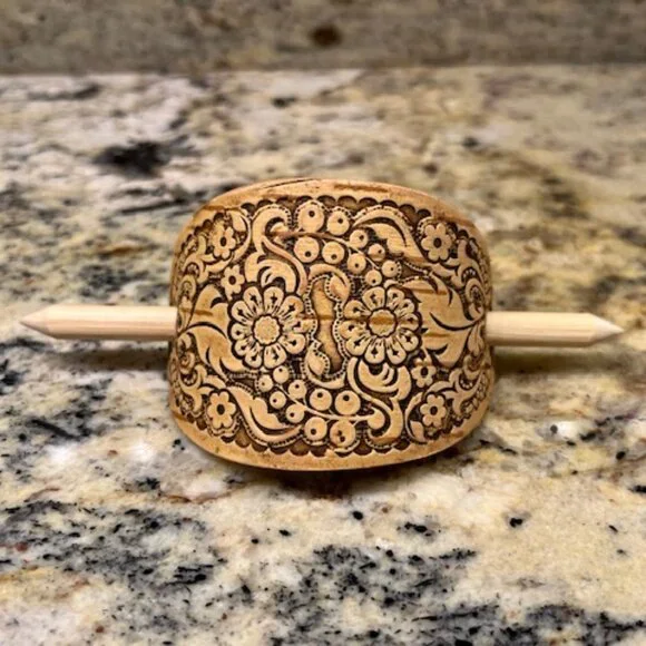 Carved Wood Hair Barrette with Stick - Picture 1 of 2